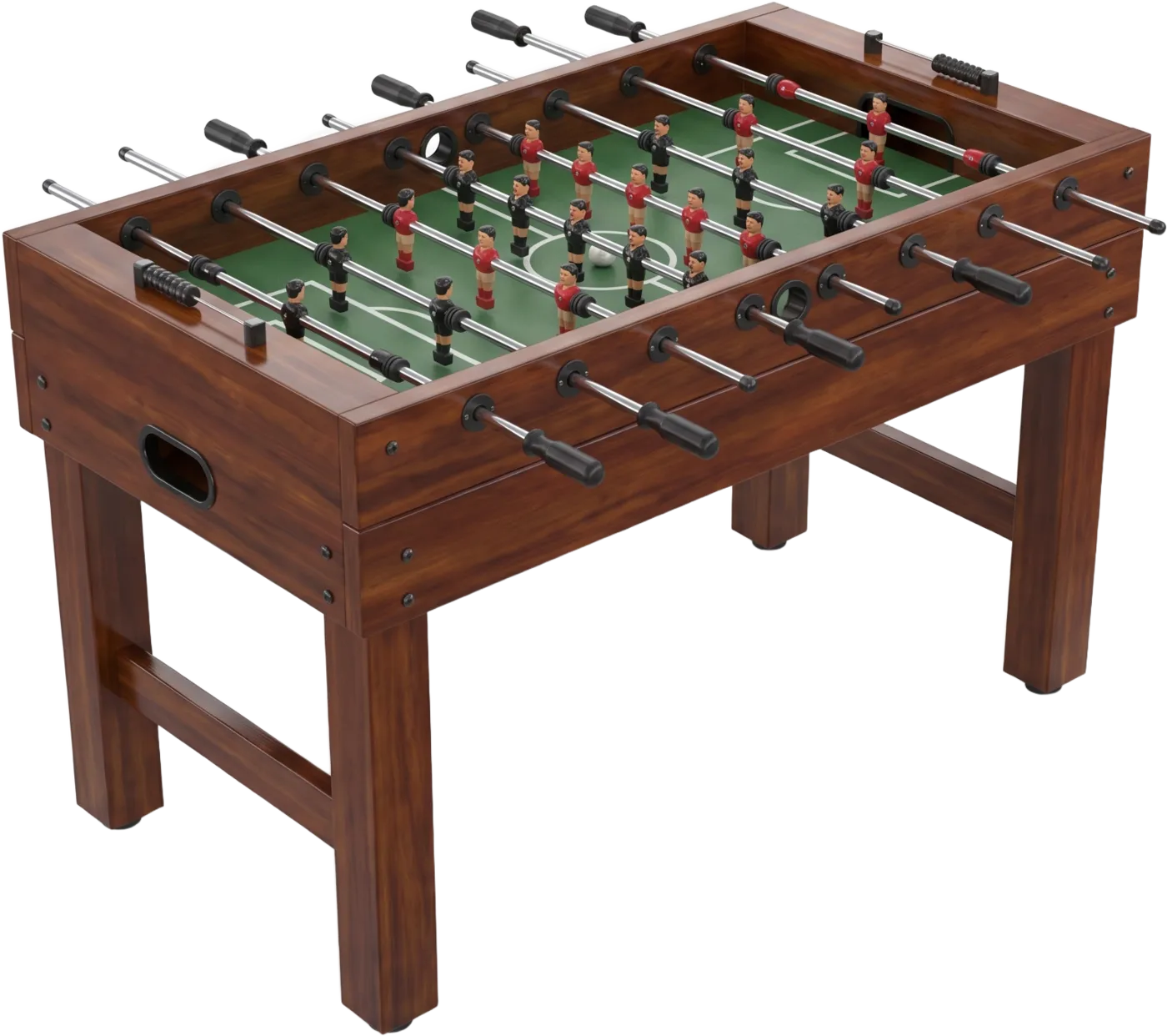 Un futbolito de madera con sus barras y sus jugadores rojos y negros